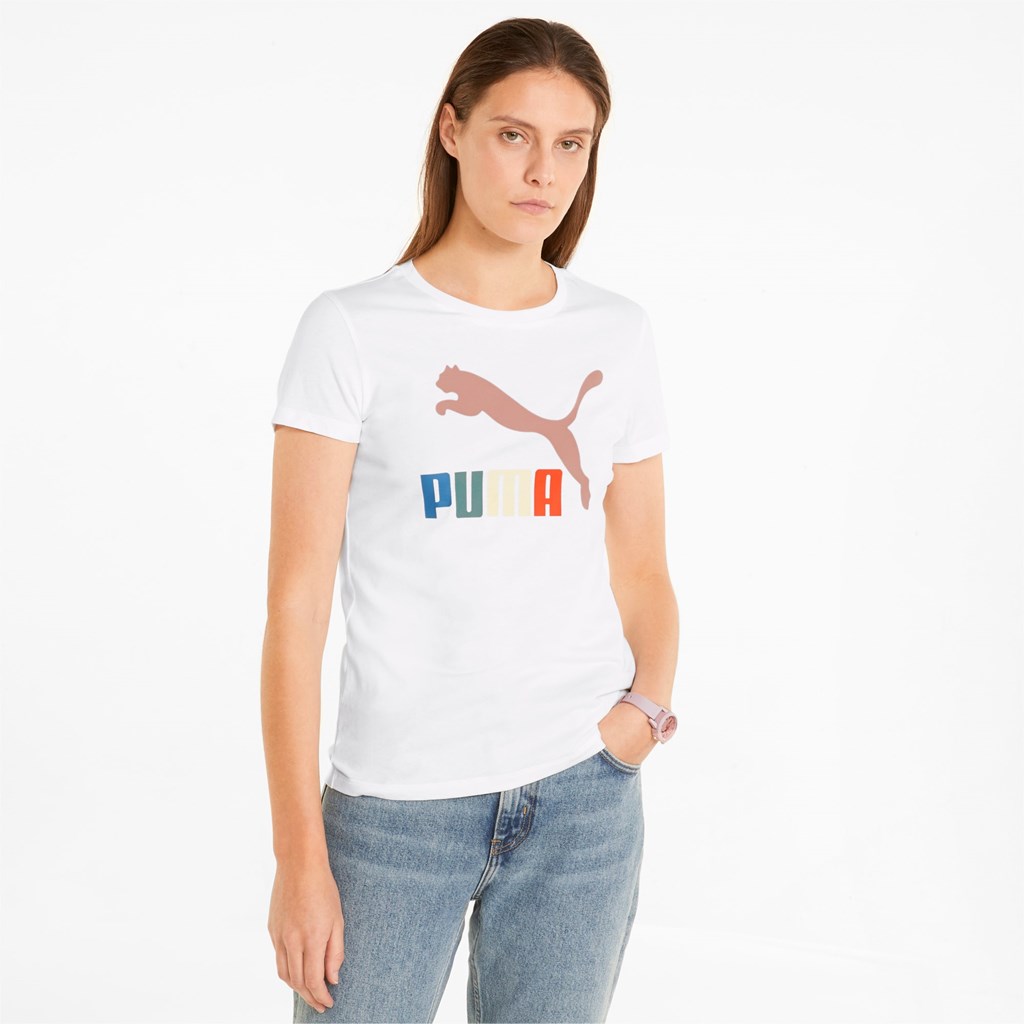 T Shirt Running Puma Classics Logo Interest Femme Blanche | 3628549-HD