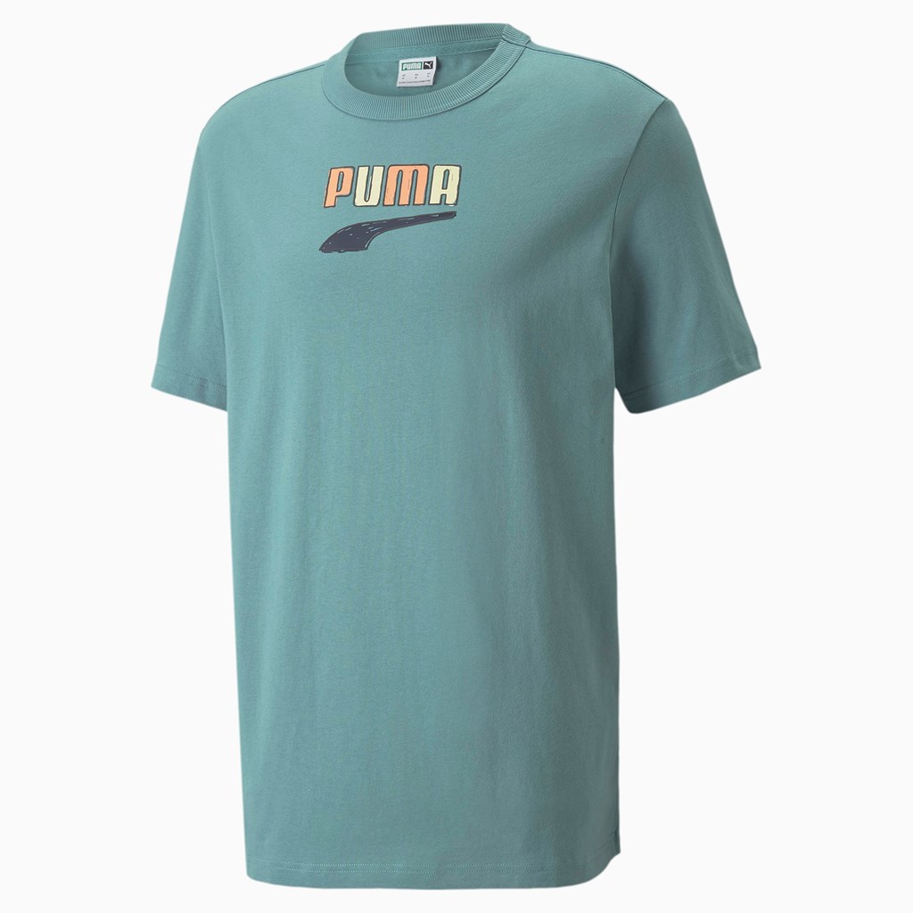 T Shirt Running Puma Downtown Logo Crew Neck Homme Bleu | 7025139-QM