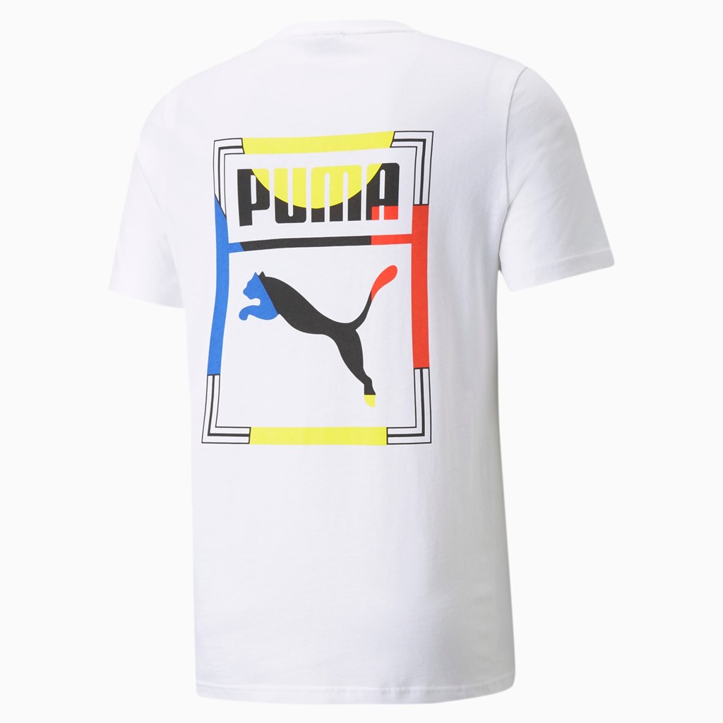 T Shirt Running Puma Graphic Box Logo Play Homme Blanche | 8061392-DL