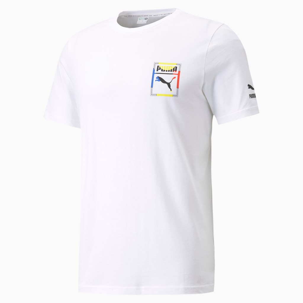T Shirt Running Puma Graphic Box Logo Play Homme Blanche | 8061392-DL