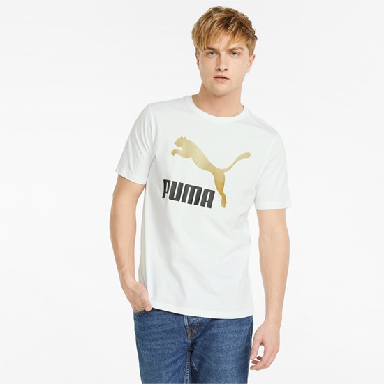 T Shirt Running Puma Classics Logo Metallic Homme Blanche Doré | 6209537-VJ