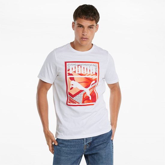 T Shirt Running Puma Graphic Box Logo Play Homme Blanche | 4709683-HY